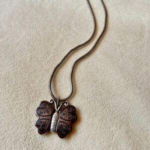 Brighton Silver and Faux Wood Butterfly Necklace